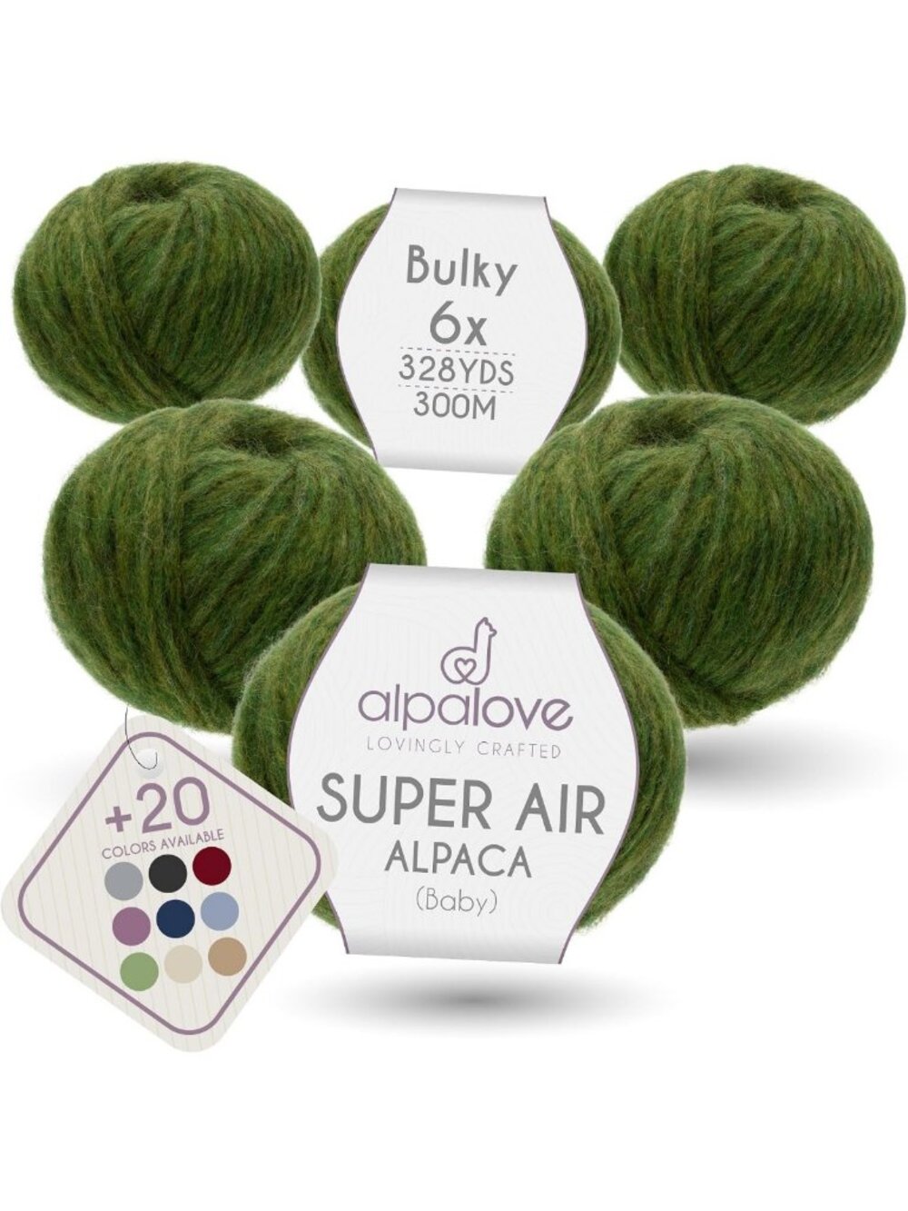 Lightweight Air-Spun Alpaca Yarn - 4 Skeins, 328 Yards, Bulky Middle Green